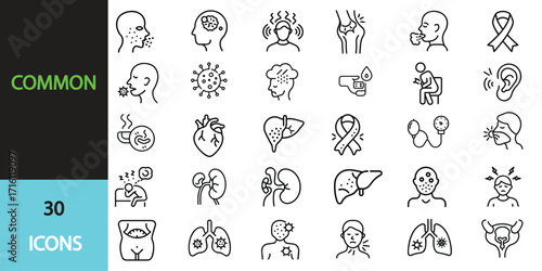 Common Illnesses  icon set. Editable stroke. Vector illustration transparent