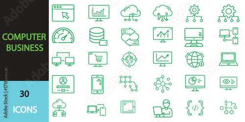 Computer business icon set. Editable stroke. Vector illustration transparent