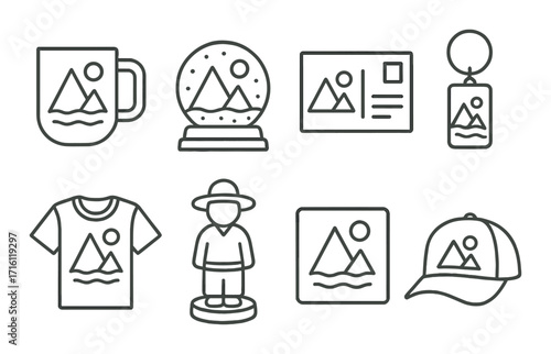 Collection of mountain-themed souvenirs including mug t-shirt snow globe postcard and keychain