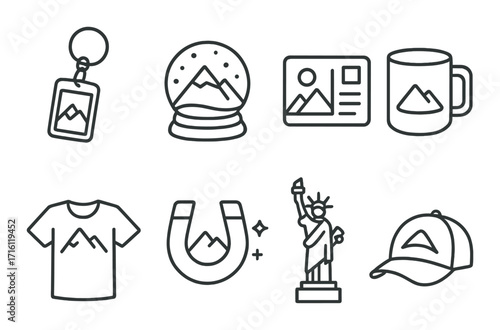Monochrome souvenir icons featuring statues, apparel, drinkware, and memorabilia