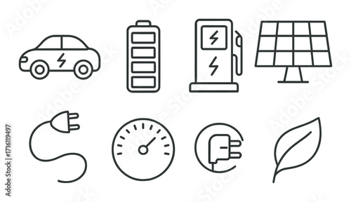 Electric vehicle icons: car, battery, charging station, solar panel, plug, speedometer, leaf