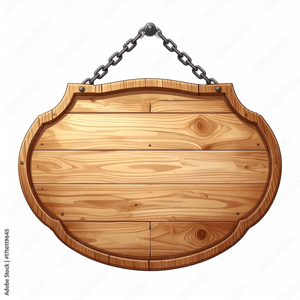 Naklejka premium Oval wooden sign with chain hanging, light brown wood grain, blank surface, ornate edges, metal accents