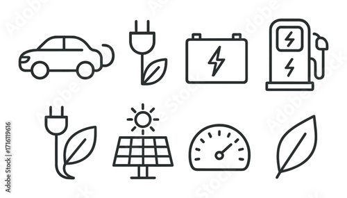 Electric vehicles and renewable energy icons on dark metallic background