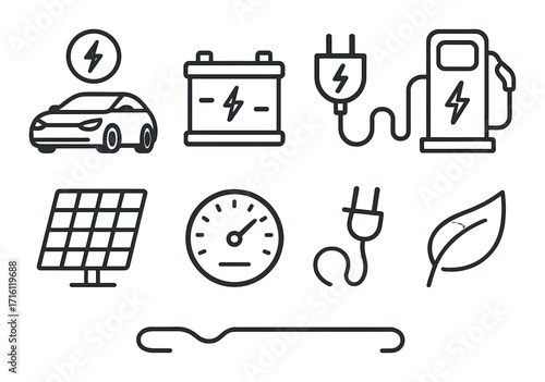 Electric vehicle energy icons set: battery, charging, and solar symbols