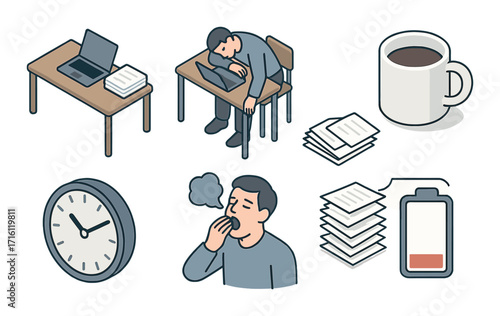 Exhausted male worker and office symbols depicting fatigue and low energy