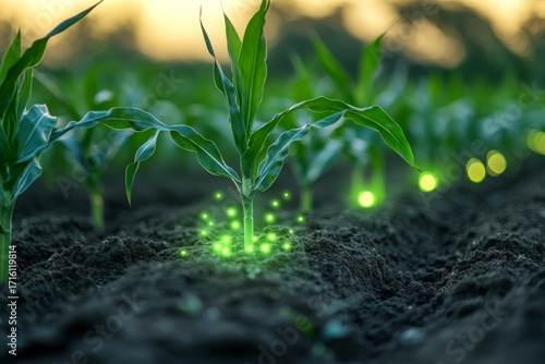 Young green corn plants growing in dark soil with magical glowing particles at sunrise