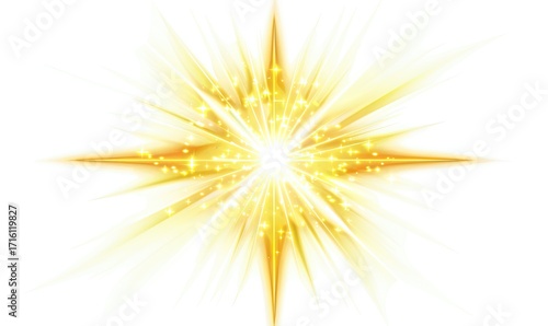 A radiant, golden starburst explodes from a bright center, radiating outward with luminous rays and glittering particles against a stark white backdrop
