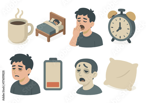 Male teen illustrations: yawning, sleeping, and alarm clock with sleep deprivation symbols