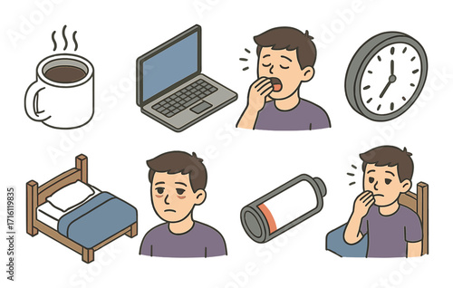 Cartoon illustration of male teen expressing fatigue: yawning, bedtime, coffee, low battery