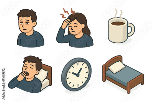 Sleep deprivation effects: tired caucasian male and female, coffee, alarm clock, bed
