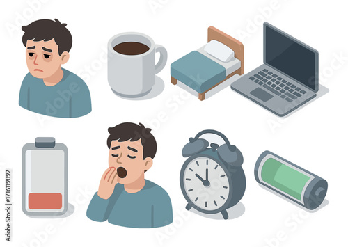 Sleep deprivation impact: male character with various lifestyle icons