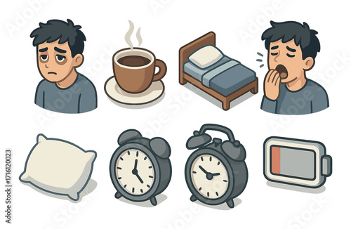 Sleepy male cartoon character with coffee bed and alarm clock illustrations