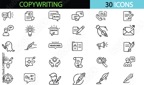 
Copywriting  icon set. Contain icons related to copywriter, article, content writing, blog, author, marketing. Editable stroke. Vector illustration transparent