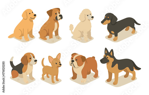 Artistic set of eight cartoon dogs featuring various breeds in warm tones