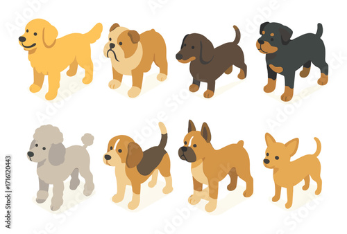 Illustration of eight diverse dog breeds with playful expressions on yellow background