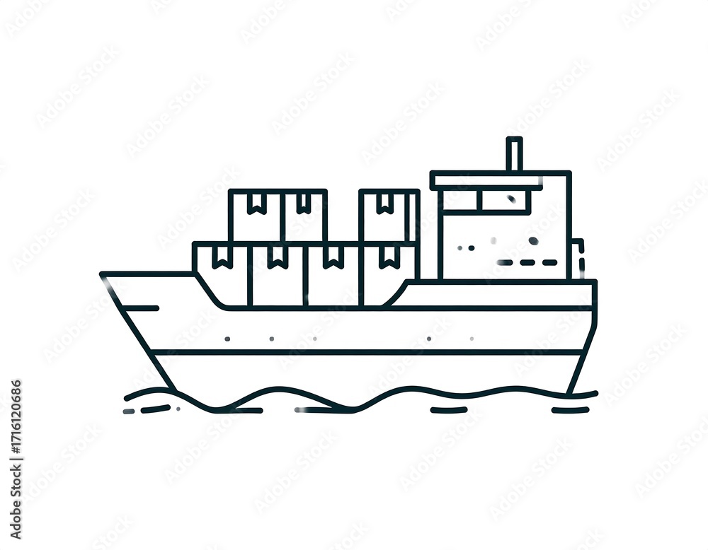 Fototapeta premium Simple black-line illustration of a cargo ship