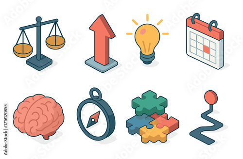 Business strategy icons: scale, growth arrow, lightbulb, calendar, brain, compass, puzzle, path