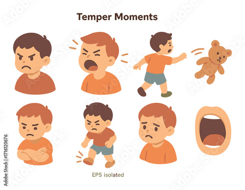 Young caucasian male child displaying various temper tantrum emotions and actions