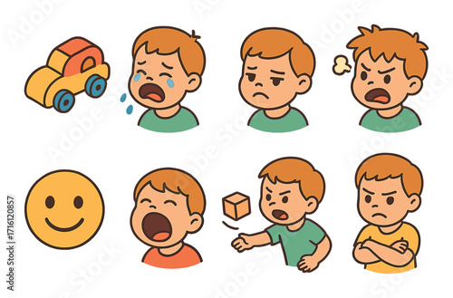 Animated emotions of young caucasian boy expressing joy, sadness, anger, and frustration