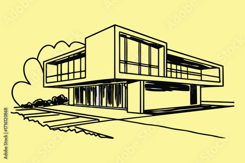 Vector illustration of an architectural building sketch with empty billboard