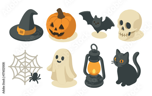 Halloween icons: witch hat, pumpkin, bat, skull, spider, ghost, lantern, black cat