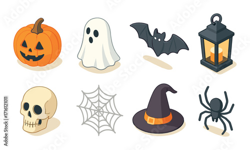 Halloween icons featuring pumpkin, ghost, bat, lantern, skull, spider, web, witch hat