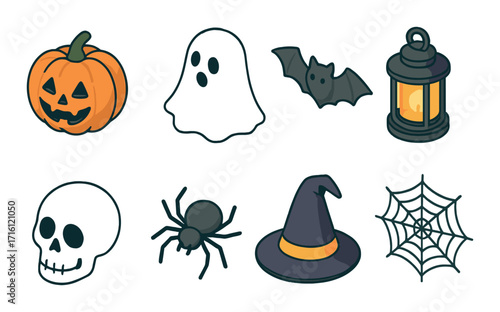Halloween icons collection: pumpkin, ghost, bat, lantern, skull, spider, witch hat, web