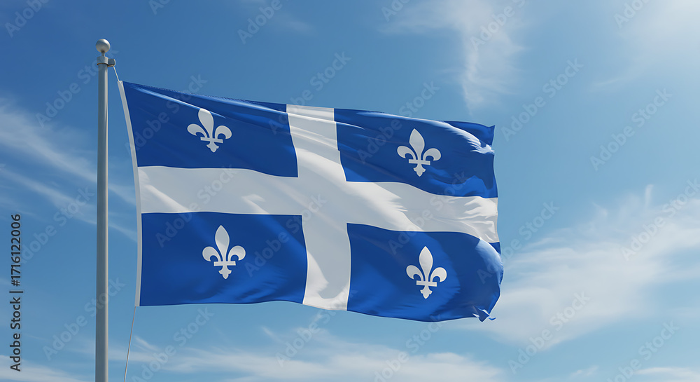 Fototapeta premium The provincial flag of quebec canada with white fleur de lis symbols waving in the blue sky
