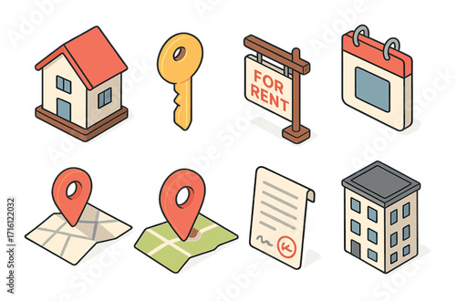 Real estate icons set with house key rent sign map and calendar illustrations