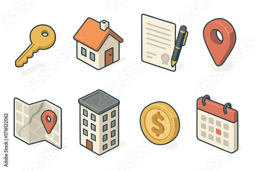 Isometric icons of real estate elements with key, house, document, map, building, coin, and calendar
