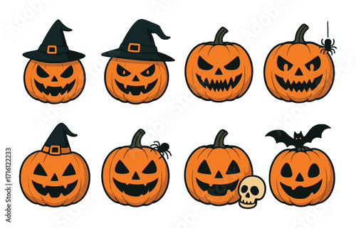 Set of eight halloween jack-o'-lanterns with spider and bat on orange background