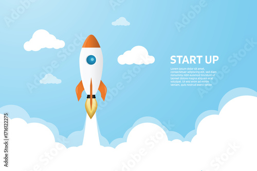 Rocket launching into the sky, symbolizing business startup, success, growth, and project launch. Flat design with clouds. Vector EPS10.