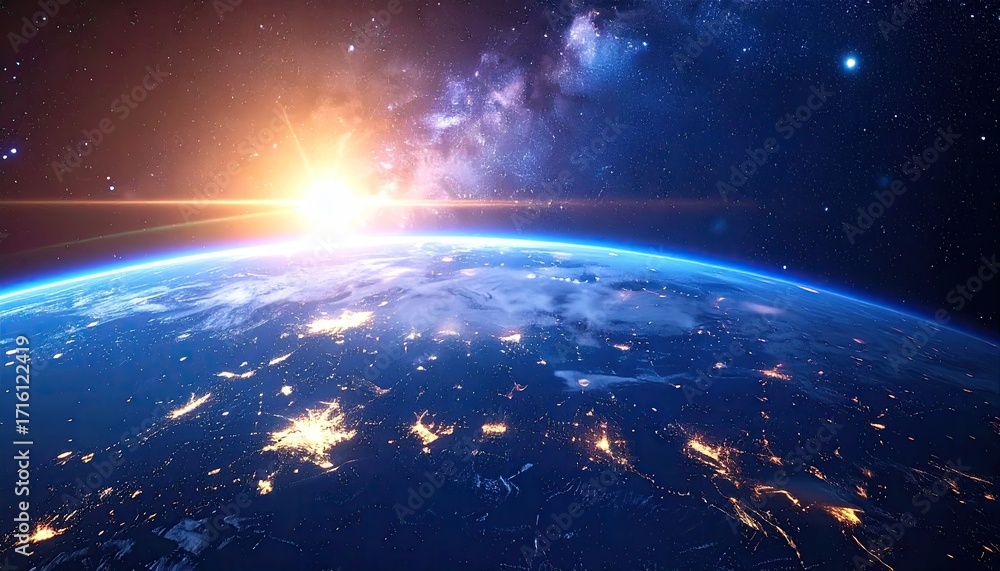 Fototapeta premium Earth from Space with City Lights and Milky Way Galaxy Under Dramatic Sunrise in Deep Blue Cosmos