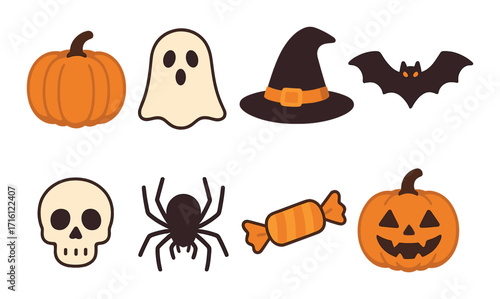 Halloween symbols: ghost, pumpkin, witch hat, bat, skull, spider, candy, jack-o'-lantern