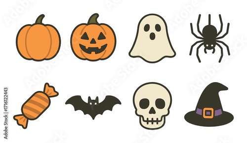 Halloween icons: pumpkin, ghost, spider, candy, bat, skull, witch hat