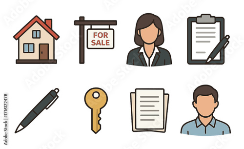 Real estate icons: for sale, documents, agents, key, house