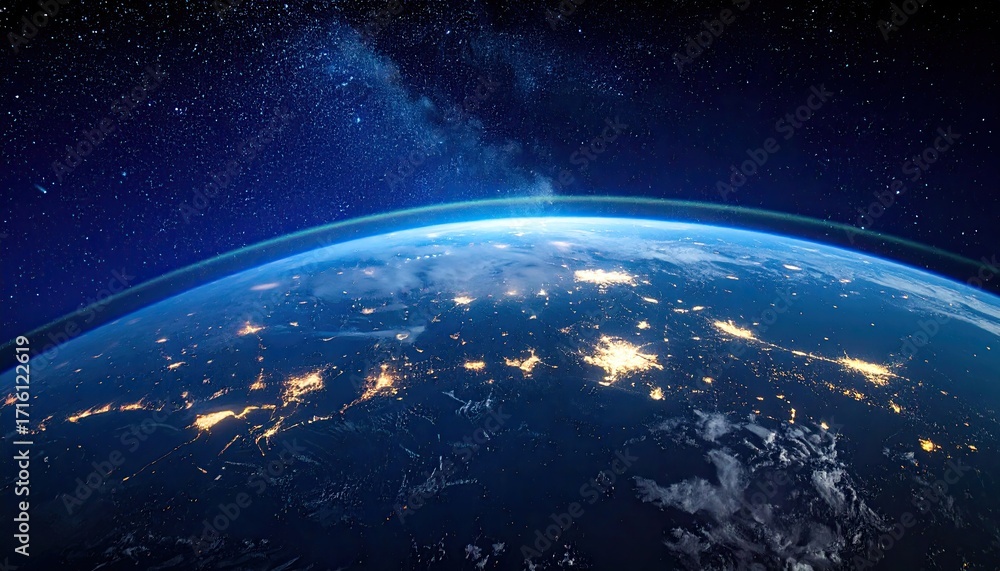 Fototapeta premium Earth From Space With City Lights Glowing Under a Swirl of Clouds and Stars in a Dark Blue Space Background Under a Horizon