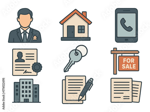 Real estate icons set featuring agent, house, phone, documents, keys, and for sale sign