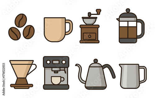 Coffee brewing icons: french press, espresso machine, grinder, kettle, filter, mug, beans
