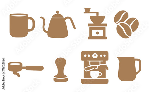 Silhouettes of coffee essentials: grinder, mug, kettle, beans, and espresso machine icons