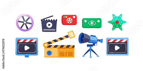 Captivating collection of cinematic icons including clapperboards, cameras, and film reels for creative projects.