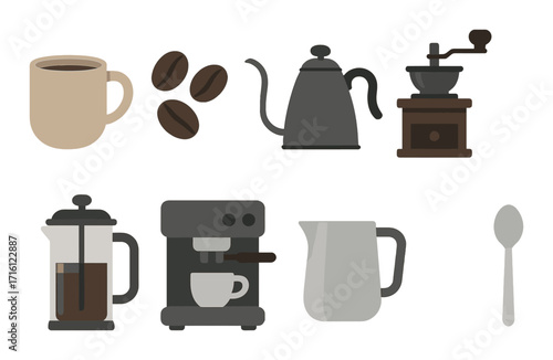 Coffee brewing essentials: mugs, grinders, french press, and espresso makers
