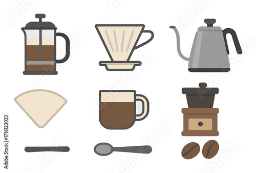 Coffee brewing essentials: french press, pour-over, kettle, grinder, filter, mug, spoon