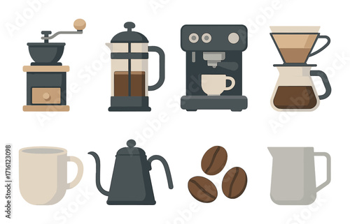 Assorted coffee brewing equipment and tools including grinder and espresso machine
