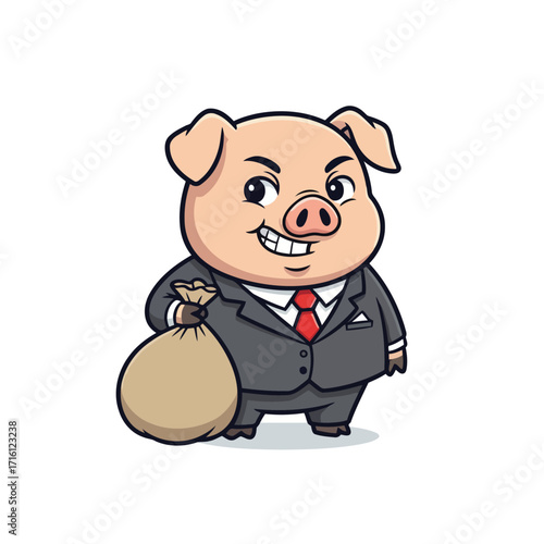 Charming animated pig dressed as a successful businessman, clutching a full money sack, embodying financial growth, entrepreneurial spirit, and rewarding economic outcomes