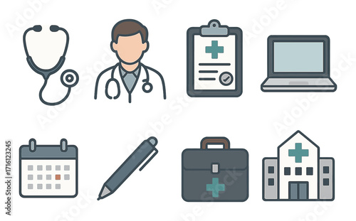 Medical icon set with doctor, stethoscope, hospital, and equipment illustrations