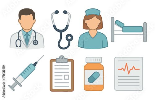 Healthcare profession icons: doctor, nurse, bed, medical tools, and documents