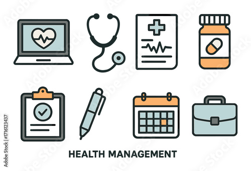 Healthcare management icons with heart, medicine, and schedule illustrations
