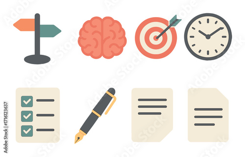 Icons representing brain, target, clock, checklist, pen, and documents