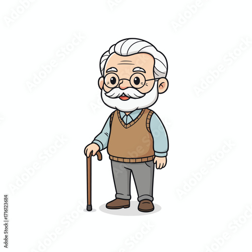 Charming cartoon illustration of a friendly senior man with a beard, glasses, and a cane, representing wisdom, experience, and the aging process, isolated on white background